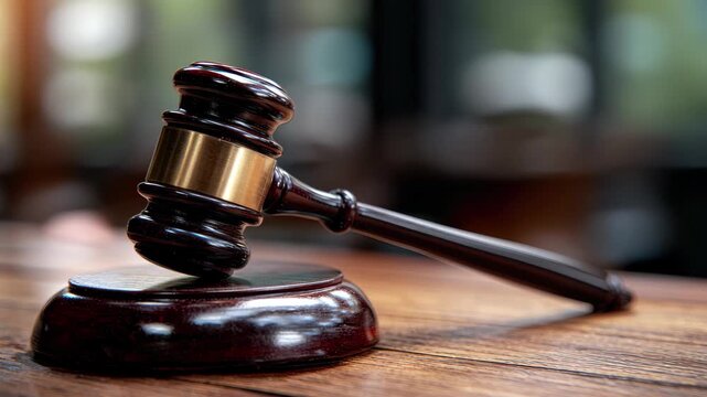 Legal gavel strikes down powerfully delivering justice in the courtroom, showing law and order in action for trials and legislative sessions