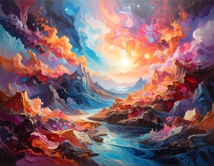 Surreal landscape with vibrant skies, rivers and rocky mountains