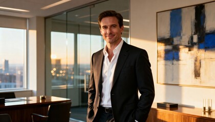 Confident Businessman in Modern Office During Sunset with Abstract Wall Art and City View