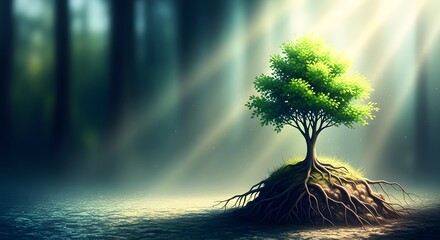 Lone tree illuminated by radiant sunlight in mystical forest