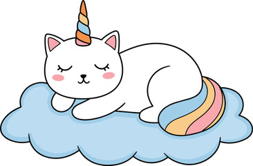Cute sleeping unicorn cat on soft blue cloud, pastel rainbow colors, adorable cartoon character, fantasy pet art, cad drawing flat vector illustration
