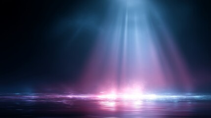 Fototapeta premium Radiant Beam: A mystical beam of light cuts through the darkness, illuminating a reflective surface with an ethereal glow, creating an atmosphere of mystery and wonder.