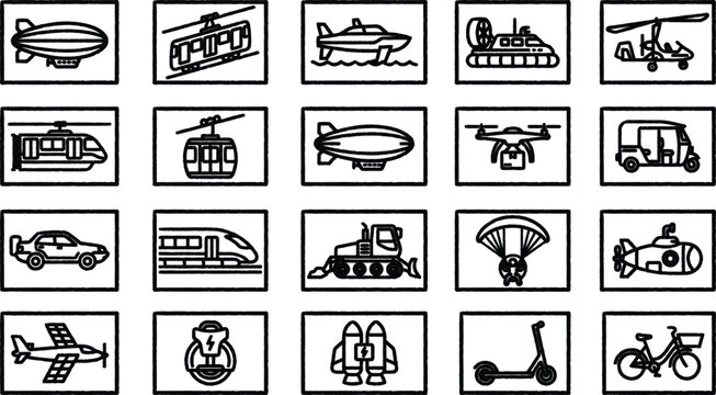 Collection of diverse transportation icons in black and white