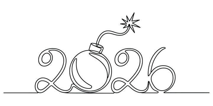 One line drawing of year 2026 as a bomb