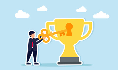 Businessman inserting a key into a trophy keyhole illustrating the solution to becoming a leading company