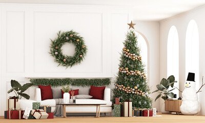 Elegant Christmas living room interior with luxury tree, wreath, red pillows, gift boxes, warm natural light and cozy winter holiday atmosphere. 3d rendering