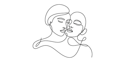 Minimalist one line drawing of two faces embracing