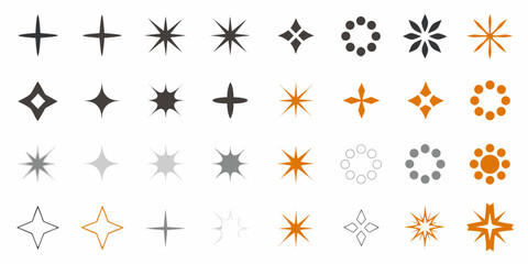Variations of star and cross shapes in grayscale and orange hues