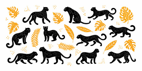 Stylized black monkey silhouettes with tropical leaves on a white background