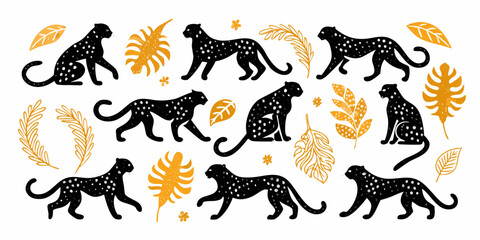 Stylized black leopards and tropical foliage in a decorative pattern design