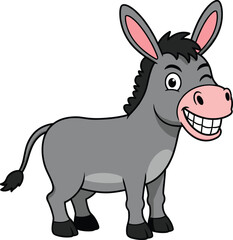 Smiling cartoon donkey character with big teeth, cute gray mule farm animal mascot for kids, CAD drawing flat vector illustration