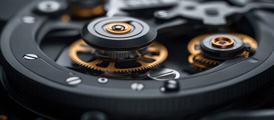 Close-up of intricate watch mechanism, gears interlock, precision engineering, background blurred