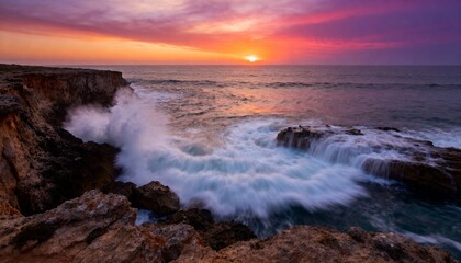 Obraz premium Vibrant Sunset Over Rocky Coastline with Ocean Waves in Motion and Colorful Sky Reflection