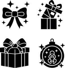 Festive Christmas Gifts, Bows, and Ornaments Black Silhouette Icons