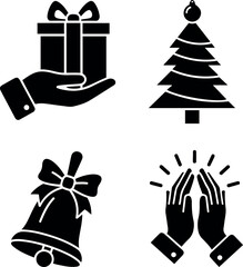 Set of Christmas and Celebration Silhouette Icons with Gift, Tree, Bell, and Clapping Hands