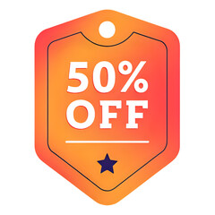 A vibrant orange tag displaying a fifty percent off discount offer