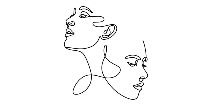 Minimalist continuous line art drawing of two female faces