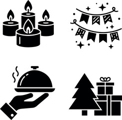 Diverse Celebration and Event Icons Set: Holidays, Parties, and Dining