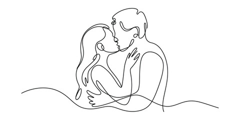 Minimalist one line drawing of couple embracing and kissing