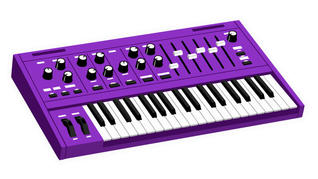 Purple Electronic Synthesizer Keyboard With White Keys And Black Knobs Isolated On White Background Detailed Musical Instrument For Electronic Music Production And Performance Studio Equipment
