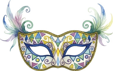 Mardi Gras Mask Watercolor Feathers Vector