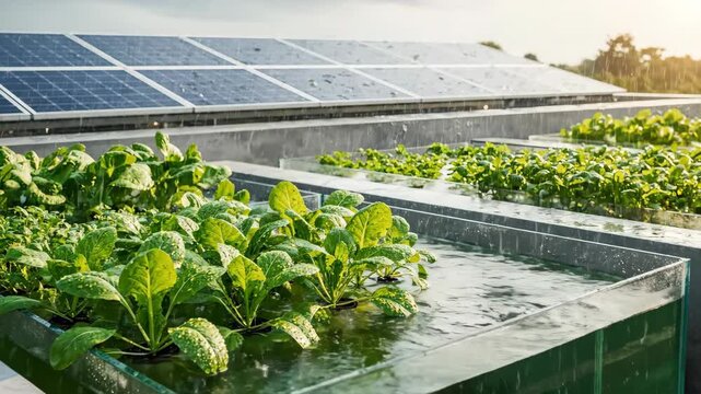 Hydroponic crops growing in tanks with solar panels overhead