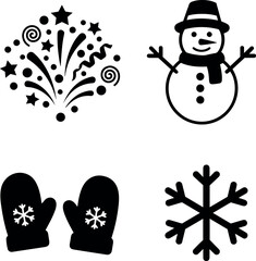 Set of Winter Holiday and New Year Celebration Black Silhouette Icons