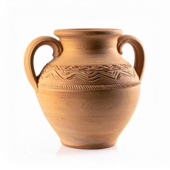 Earthenware Pottery Jar with Handles and Tribal Pattern on White Background