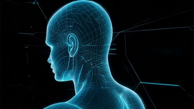 Blue wireframe human head and neck