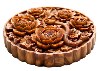 Mooncake mold carving showing zodiac snake isolated on a transparent background