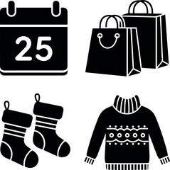 Christmas Holiday Season Icons: Calendar, Shopping, Stockings & Winter Sweater