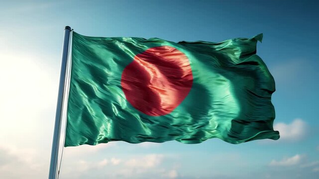 A dynamic Bangladesh flag waving proudly against a clear blue sky, symbolizing national pride and resilience for global audiences