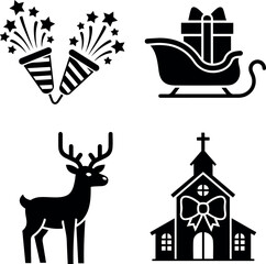 Festive Christmas and New Year Celebration Black Silhouette Icons Set