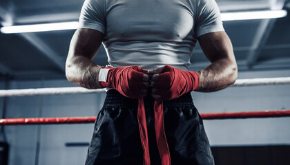 Muscular boxer tying red hand wraps inside a boxing ring