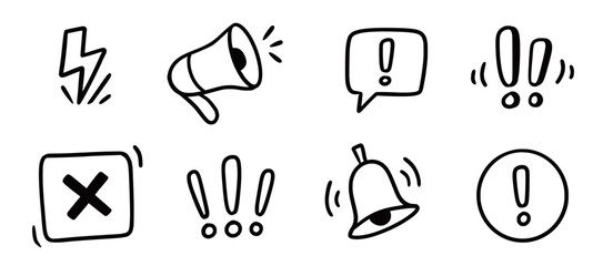 Plakat Doodle attention sign icon set. Hand drawn caution signs, warning marks and alert sketch symbols designed to exclamation sign, error or important attention icon doodle. Vector illustration