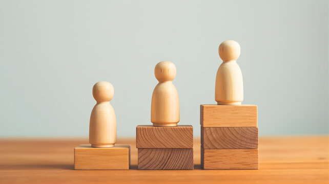 Conceptual image of three wooden human figures ascending on a staircase of wooden blocks, symbolizing career growth, business success, and the hierarchy of achievement in a professional environment