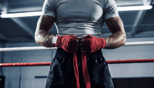 Muscular boxer tying red hand wraps inside a boxing ring - Powered by Adobe