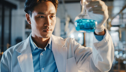 Scientist examines blue liquid in flask within laboratory setting