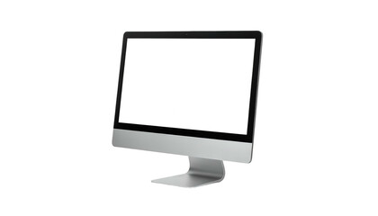 Angled view of a modern silver all-in-one desktop computer with a blank white screen