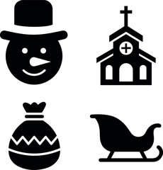 Christmas and Winter Holiday Icons Set: Snowman, Church, Gift Bag, Sleigh Silhouettes