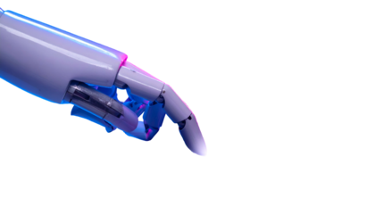 Robotic hand with blue and pink neon highlights, pointing downwards against black