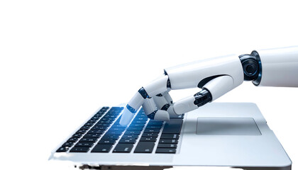 Robotic hand interacts with a laptop, pressing a glowing key, on a black background