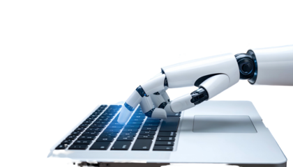 Robotic hand interacts with a laptop, pressing a glowing key, on a black background