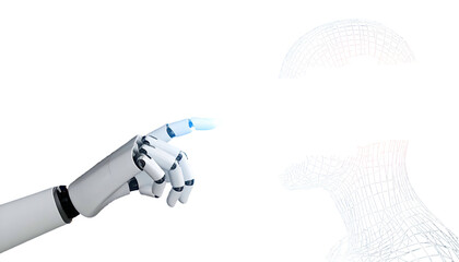 Robotic hand points to a wireframe humanoid head split into sections against black