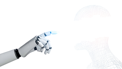 Robotic hand points to a wireframe humanoid head split into sections against black
