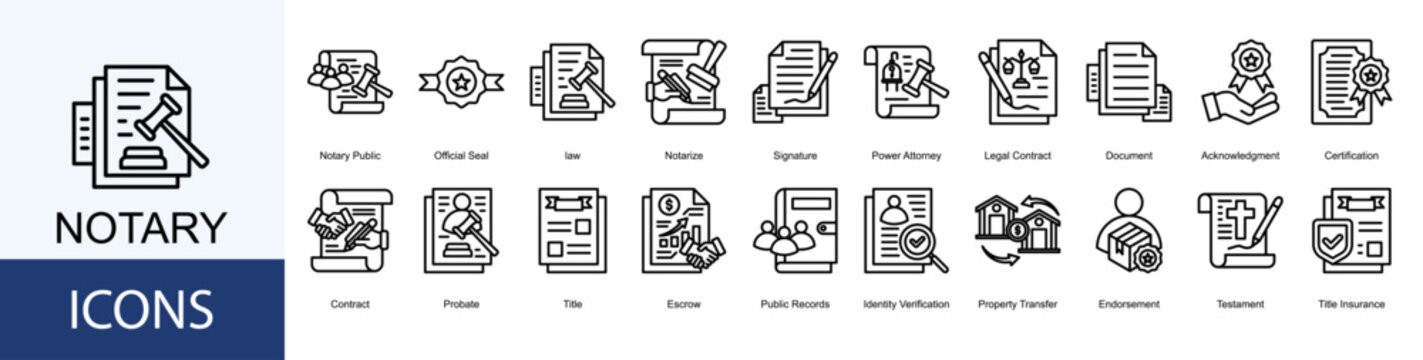notary icon collection set. Containing law, Notarize, Signature, Power Attorney, Legal Contract, Document icon