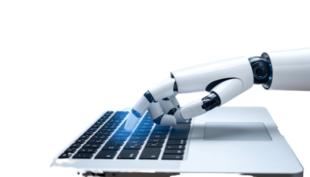 Robotic hand interacts with a laptop, pressing a glowing key, on a black background - Powered by Adobe