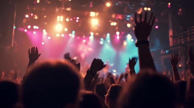 Feel the energy of the crowd at a vibrant concert as the band plays under stunning lights, creating an unforgettable experience for all