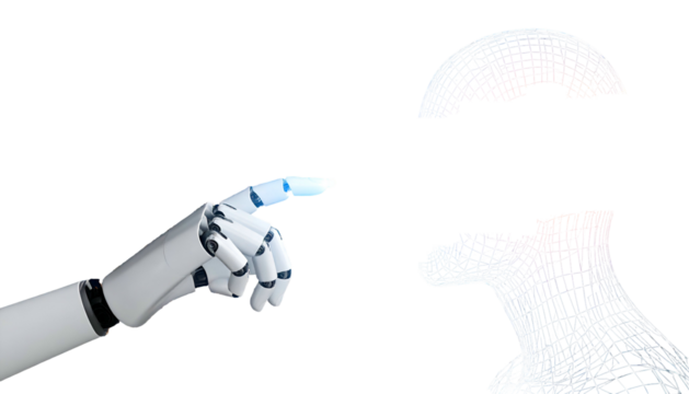 Robotic hand points to a wireframe humanoid head split into sections against black - Powered by Adobe