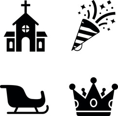 Diverse Icons Set: Church, Party, Sleigh, Crown Symbols